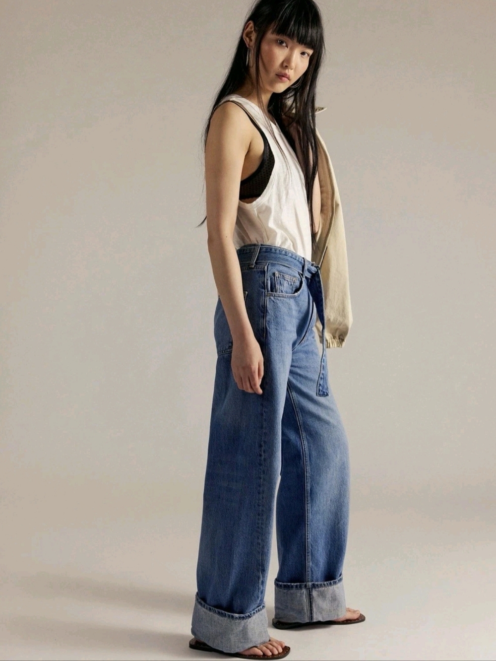 Free People East Bay Cuffed Jeans We The Free Belted Slouchy Concord Blue 25 ][A